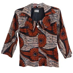 Le Club Couture Dames African Wax Print Batik Zip Front Jacket Orange Navy NWOT